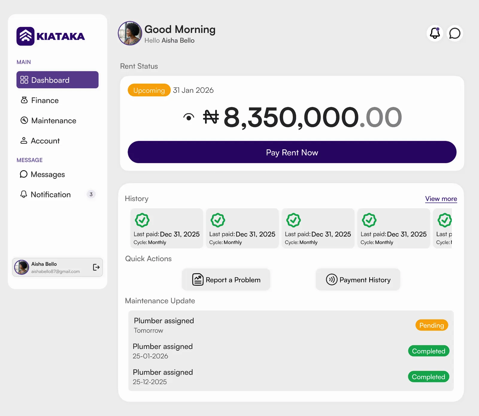 Kiataka property management dashboard